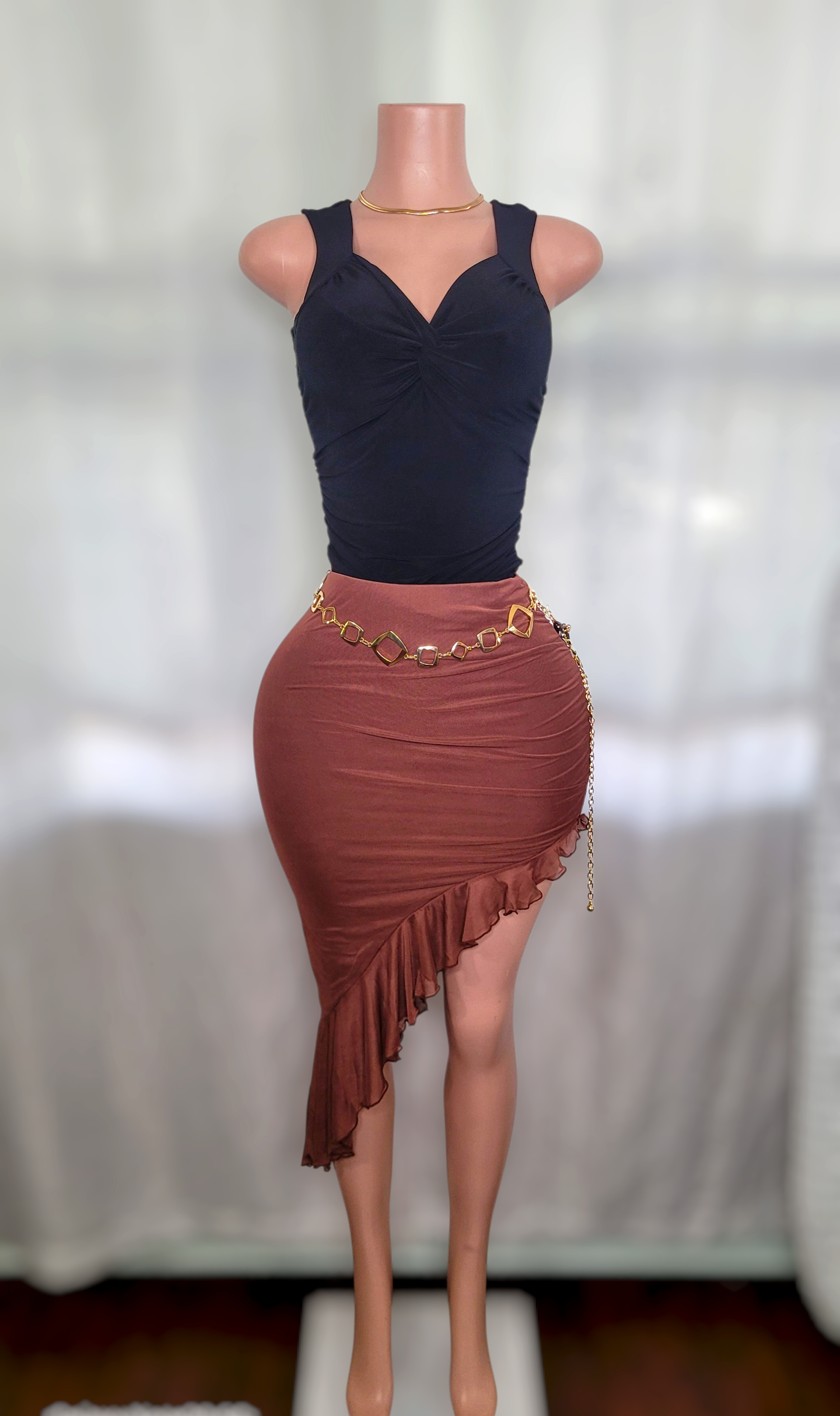 Ale mesh ruffle skirt (Brown color)