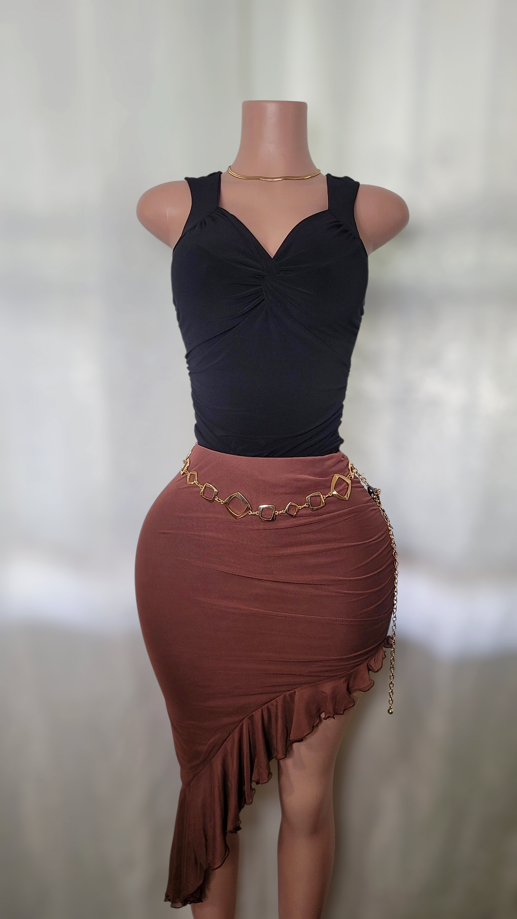 Ale mesh ruffle skirt (Brown color)