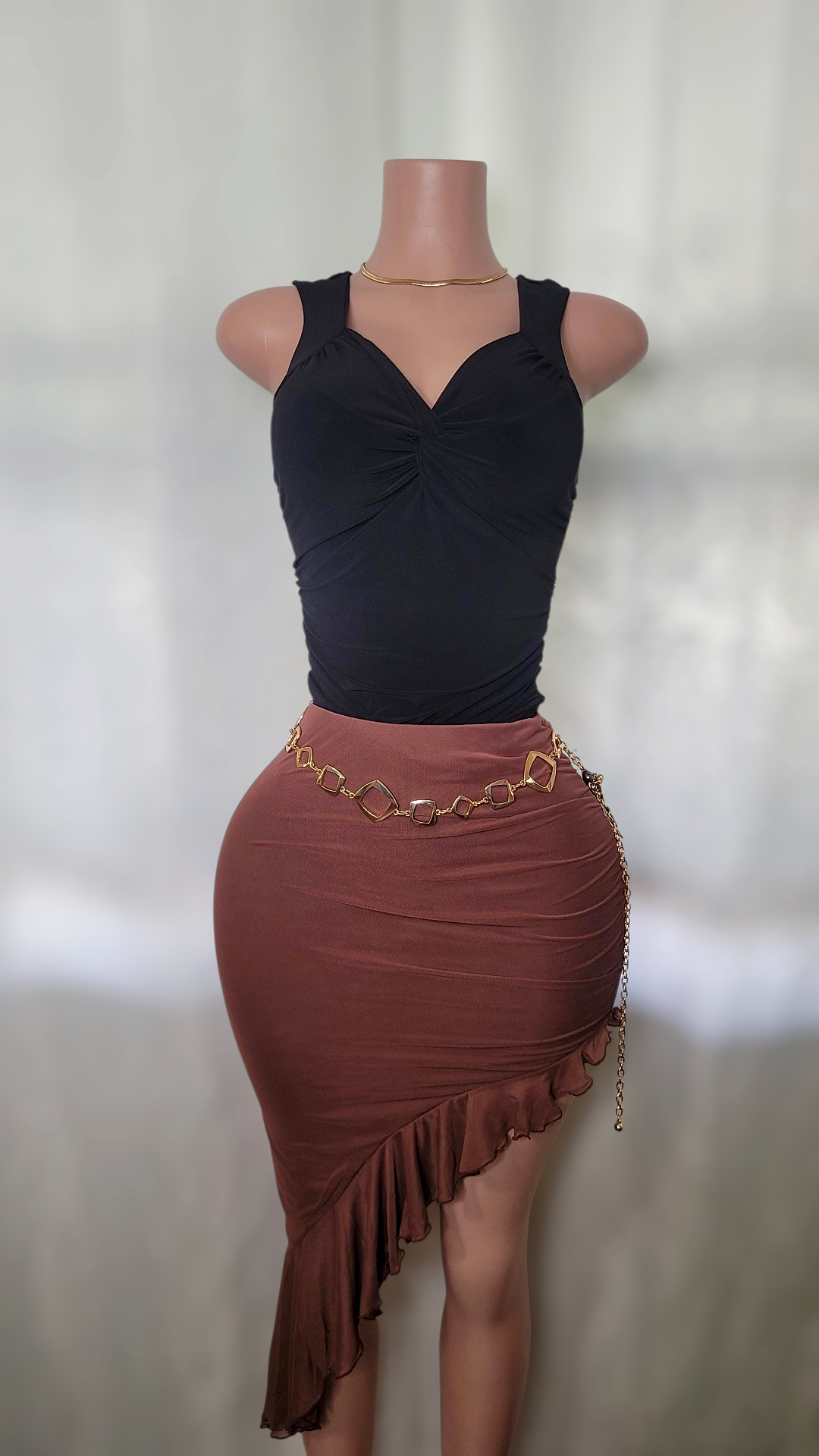 Ale mesh ruffle skirt (Brown color)