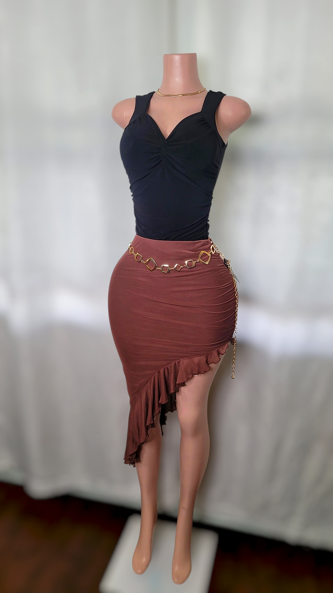 Ale mesh ruffle skirt (Brown color)
